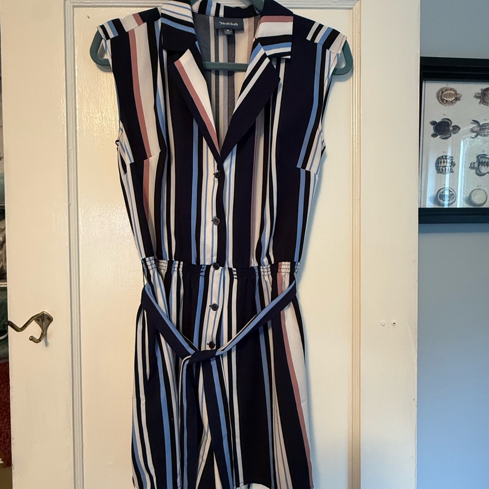 Modcloth Retro Navy, Pink & White Striped Sleeveless Romper